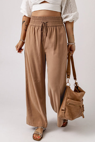 Brown Drawstring Elastic Waist Casual Wide Leg Pants-Bottoms-MomFashion