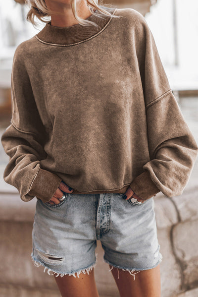 Brown Drop Shoulder Crew Neck Pullover Sweatshirt-Tops-MomFashion