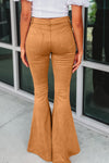 Brown Exposed Seam Flare Suede Pants with Pockets-Bottoms-MomFashion