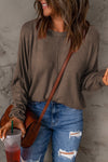 Brown Fiery Solid Color Patchwork Long Sleeve Top-Tops-MomFashion