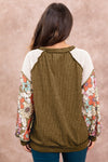 Brown Floral Patchwork Puff Sleeve Textured Blouse-Tops-MomFashion