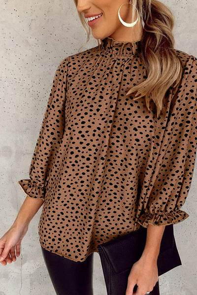 Brown Frilled Neck 3/4 Sleeves Cheetah Blouse-Tops-MomFashion