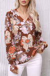 Brown Frilled V Neck Bubble Sleeve Floral Blouse-Tops-MomFashion