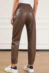 Brown Leather Tie Waist Jogger Pants-Bottoms-MomFashion