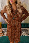 Brown Leopard Long Sleeve Babydoll Dress-Dresses-MomFashion