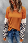 Brown Leopard Sequin Patchwork Long Sleeve Top-Tops-MomFashion