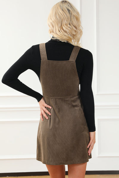 Brown O-ring Zip Up Pocketed Corduroy Dress-Dresses-MomFashion