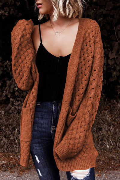 Brown Open Front Woven Texture Knitted Cardigan with Pockets-Tops-MomFashion