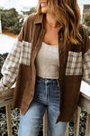 Brown Plaid Patchwork Corduroy Shirt Jacket with Pocket-Outerwear-MomFashion