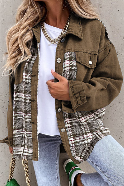 Brown Plaid Patchwork Pockets Denim Jacket-Outerwear-MomFashion