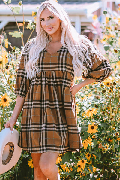 Brown Plaid Pattern Empire Waist Babydoll Dress-Dresses-MomFashion