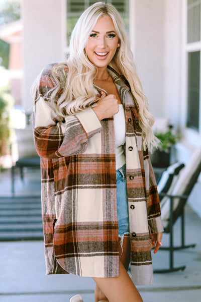 Brown Plaid Print Flap Pockets Long Shacket-Outerwear-MomFashion