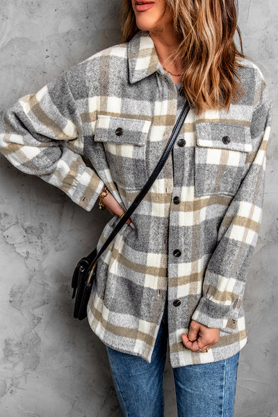 Brown Plaid Print Pocket Women Shacket-Outerwear-MomFashion