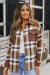 Brown Pocketed Buttoned Plaid Shirt Jacket-Outerwear-MomFashion