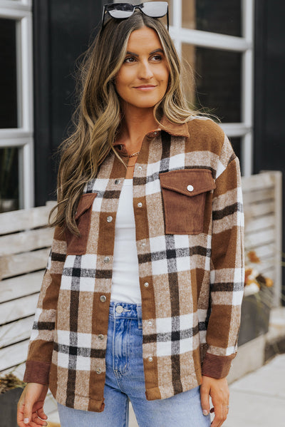 Brown Pocketed Buttoned Plaid Shirt Jacket-Outerwear-MomFashion