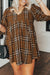 Brown Printed Plaid V Neck Plus Size Babydoll Dress