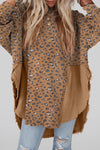 Brown Printed Raw Edge Leopard Patchwork Oversized Blouse-Tops-MomFashion