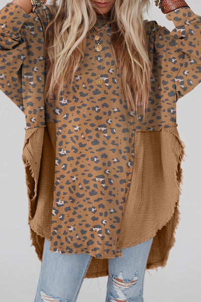 Brown Printed Raw Edge Leopard Patchwork Oversized Blouse-Tops-MomFashion