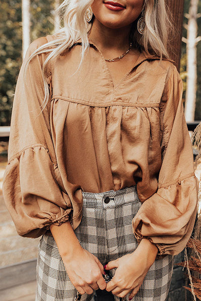 Brown Puff Sleeve Collared Pleated Babydoll Blouse-Tops-MomFashion