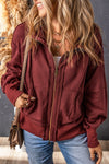 Brown Raw Edge Exposed Seam Full Zip Hoodie-Tops-MomFashion