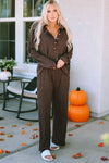 Brown Ribbed Knit Collared Henley Top and Pants Lounge Outfit-Loungewear-MomFashion