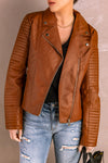 Brown Ribbed Seam Detail Faux Leather Zipped Motorcycle Jacket-Outerwear-MomFashion