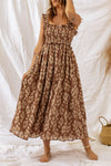 Brown Ruffled Straps Smocked Floral Maxi Dress-Dresses-MomFashion