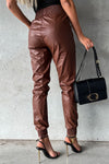 Brown Smocked High-Waist Leather Skinny Pants-Bottoms-MomFashion