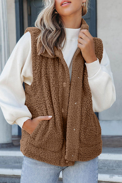 Brown Snap Button Pocketed Sherpa Vest Jacket-Outerwear-MomFashion