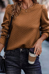 Brown Solid Color Quilted Puff Sleeve Pullover Sweatshirt-Tops-MomFashion