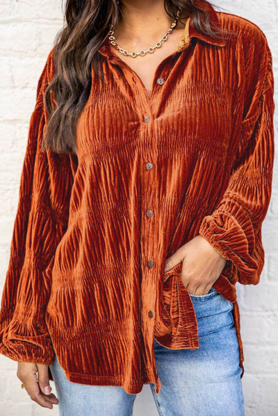 Brown Solid Color Textured Velvet Button Up Shirt-Tops-MomFashion