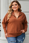 Brown Solid Ribbed Trim Plus Size Zip Collar Sweater-Plus Size-MomFashion