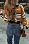 Brown Stripe Contrast Stripes V Neck Textured Knit Sweater-Tops-MomFashion