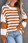 Brown Stripe Drop Shoulder Striped Pullover Sweatshirt-Tops-MomFashion