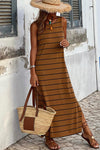 Brown Stripe Print Open Back Sleeveless Maxi Dress with Slits-Dresses-MomFashion