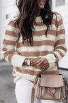 Brown Striped Round Neck Casual Sweater-Tops-MomFashion