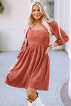 Brown Suede Square Neck Puff Sleeve Dress-Dresses-MomFashion