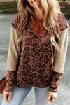 Brown Textured Knit Patchwork Leopard Hoodie-Tops-MomFashion