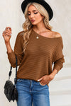 Brown Textured Knit Round Neck Dolman Sleeve Sweater-Tops-MomFashion