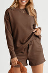 Brown Textured Long Sleeve Top and Drawstring Shorts Set-Loungewear-MomFashion
