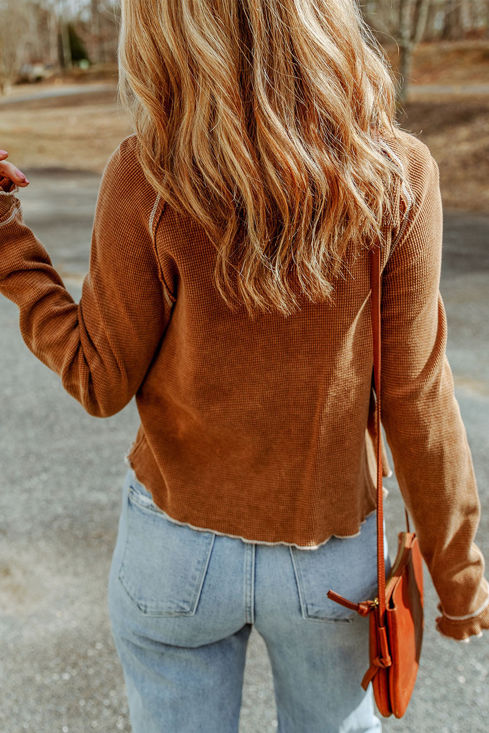 Brown Textured Round Neck Long Sleeve Top-Tops-MomFashion