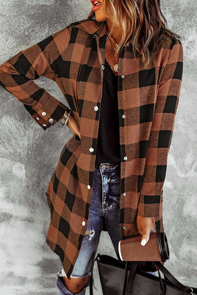 Brown Turn-down Collar Plaid Shirt Coat-Outerwear-MomFashion