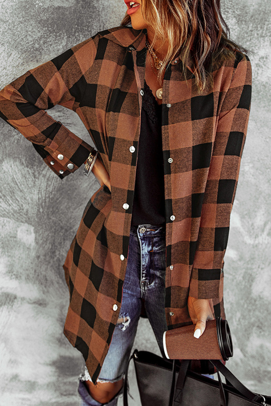 Brown Turn-down Collar Plaid Shirt Coat-Outerwear-MomFashion