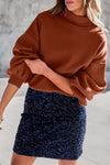 Brown Turtleneck Drop Shoulder Bubble Sleeve Knit Sweater-Tops-MomFashion