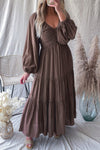 Brown V Neck Bowknot Cutout Frill Tiered Maxi Dress-Dresses-MomFashion
