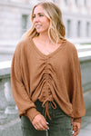 Brown V-Neck Drawstring Dolman Sleeve Waffle Knit Top-Tops-MomFashion