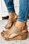Brown Vintage Floral Leather Rivet Hollowed Platform Sandals-Shoes & Bags-MomFashion