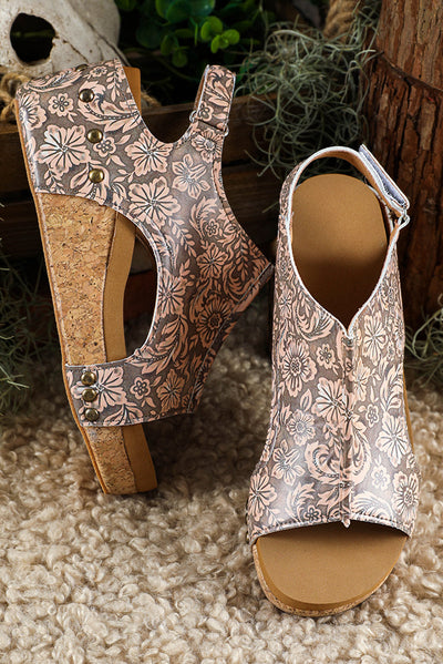 Brown Vintage Floral Leather Rivet Hollowed Platform Sandals-Shoes & Bags-MomFashion