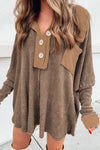 Brown Waffle Knit Buttoned Long Sleeve Top-Tops-MomFashion