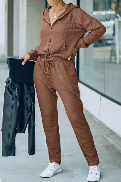 Brown Waffle Knit Zip-Up Hoodie and Pants Athleisure Outfit-Activewear-MomFashion